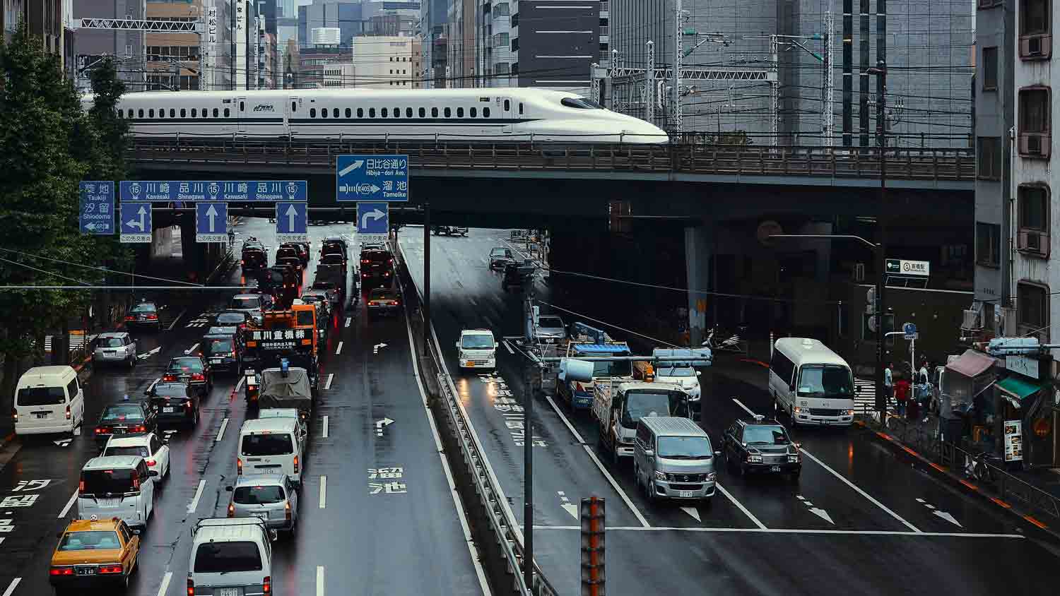 Tokyo, Japan skyline with a train in the foreground