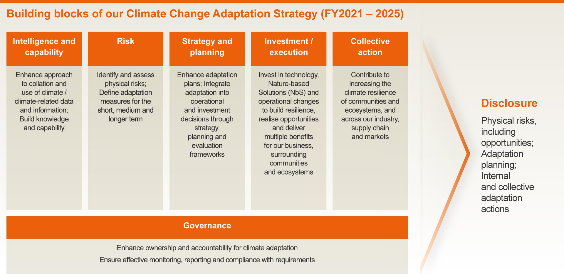 Graphic explaining BHP's building blocks of climate change adaptation policy FY21 - FY25
