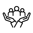 Two hand palms open and holding three people icon line drawing