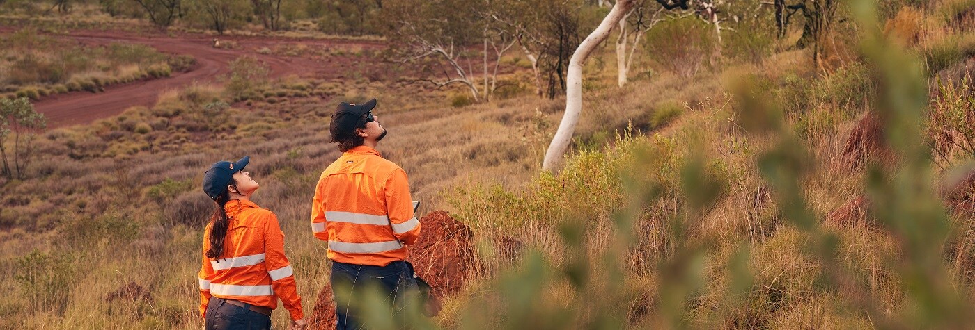 Two people, one man and one woman, dressed in hi-vis looking out onto land of red dirt and green vegetation.