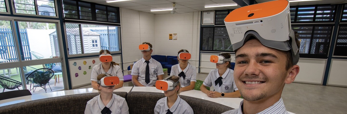 Students wearing VR goggles