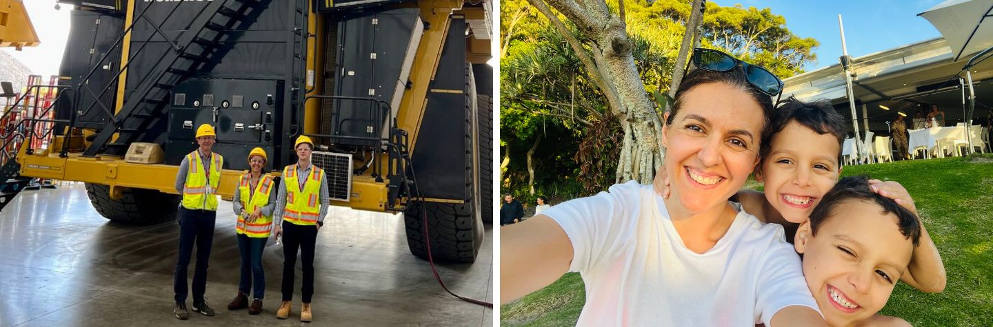 collage of two photos woman beside truck and with her kids