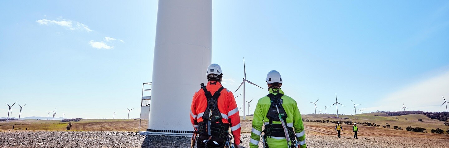 Two people, both in hi vis, walk towards a wind farm.