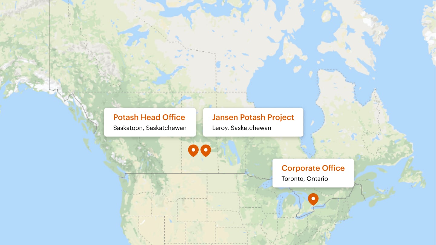 Map of Canada showing BHP office locations and sites