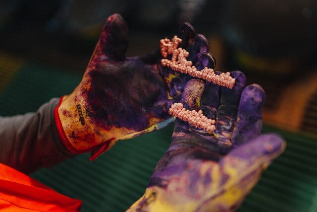 Hands in gloves holding copper