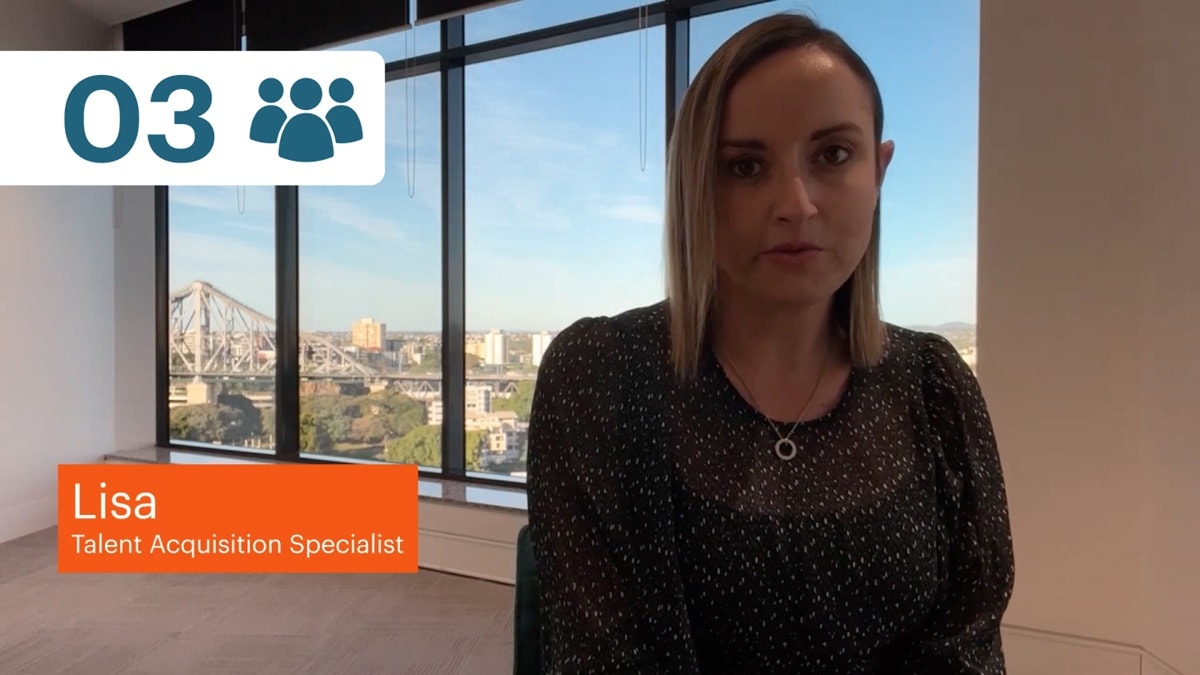 Step three recruitment process icon and BHP Talent Acquisition lead, Lisa show sitting at desk