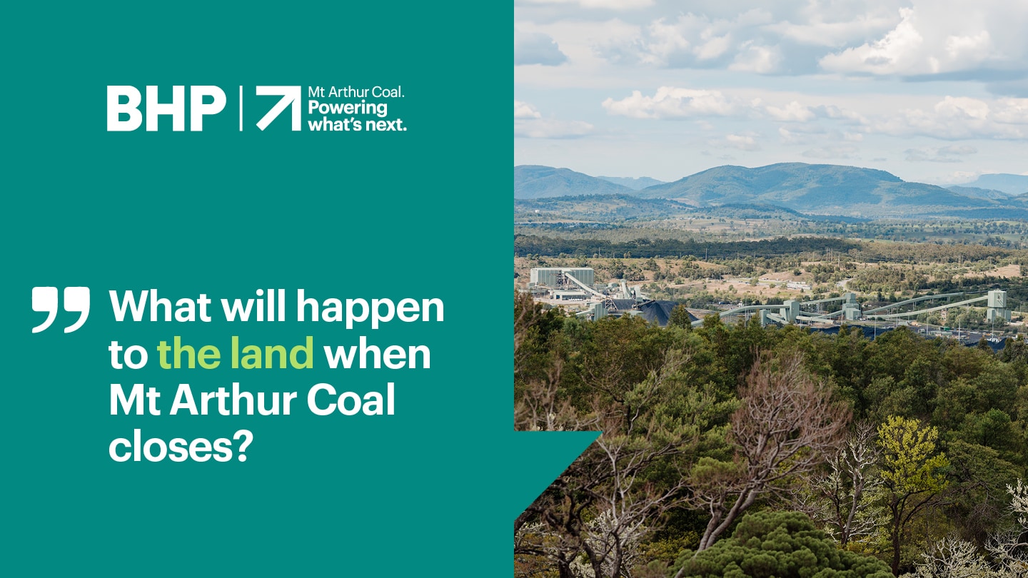 Panoramic view of Mt Arthur Coal buildings and surrounding land with text saying "What will happen to the land when Mt Arthur Coal closes?"