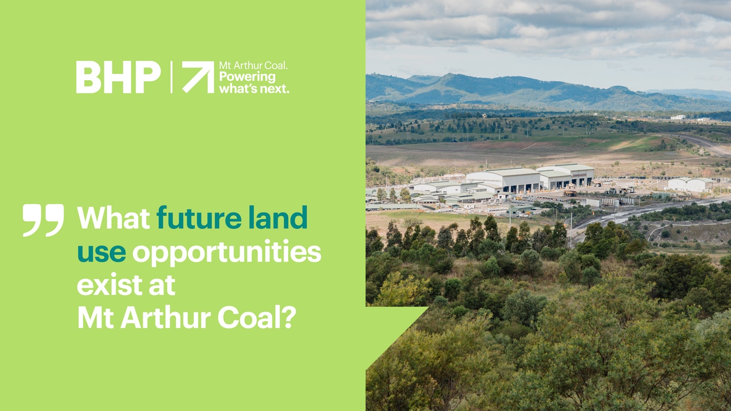 Panoramic view of Mt Arthur Coal facilities and surrounding land with text saying "What future land use opportunities exist at Mt Arthur Coal?"