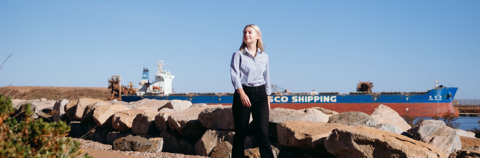 Person walking along rocky shoreline near an industrial port, with a large cargo ship in the background.