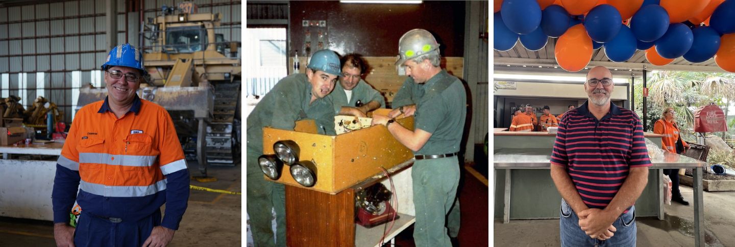 three photos of a man who is retiring from mining throughout the years