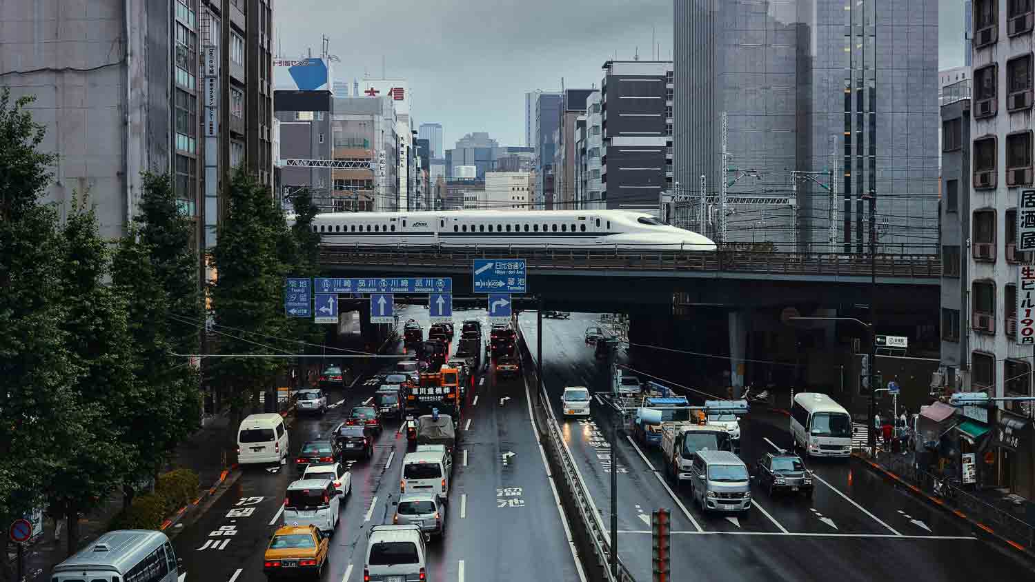 Tokyo, Japan skyline with a train in the foreground