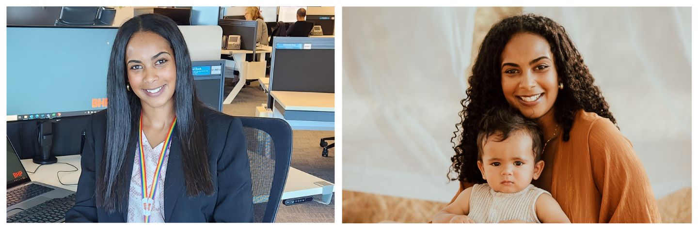 woman at her desk and hold her child