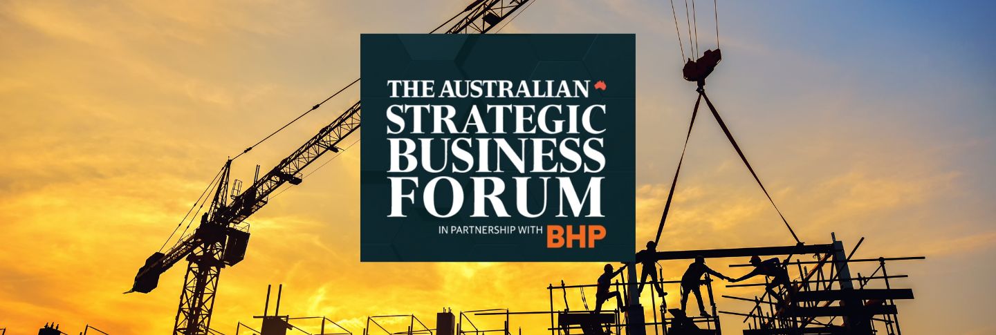 Australian Strategic Business Forum banner image of crane with men on steel construction behind wording