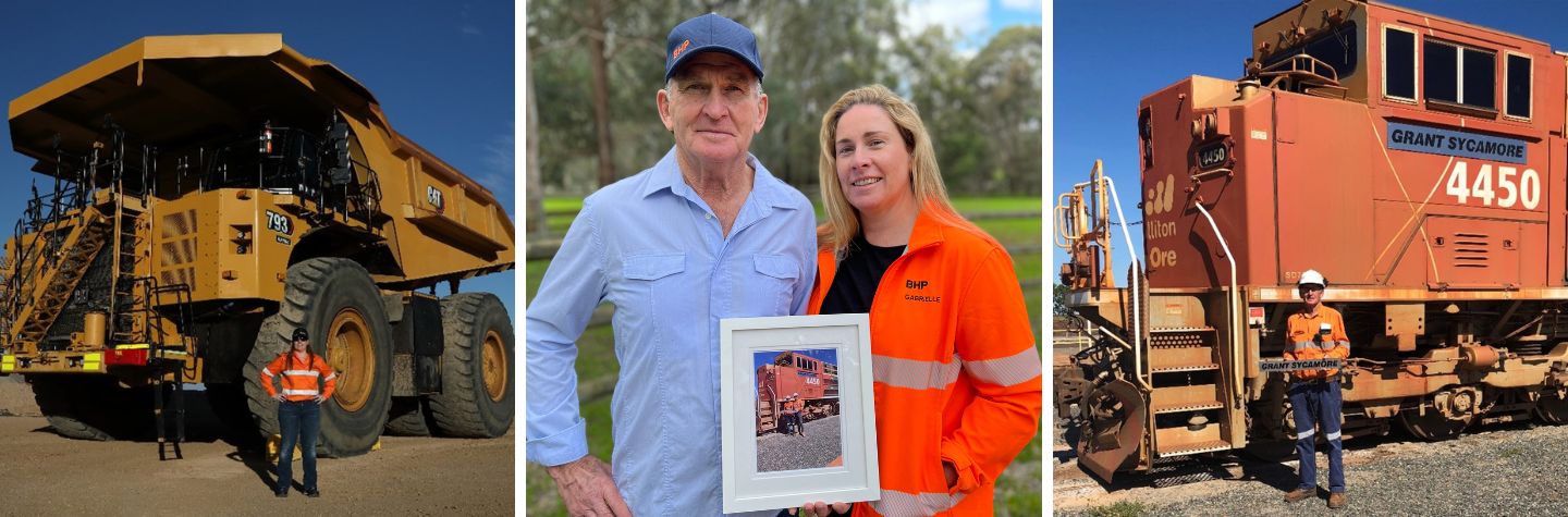 collage of three photos of a woman and man beside a mining truck