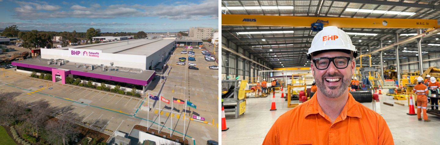 aerial view of a building with future fit on it and a picture of a man smiling in PPE 
