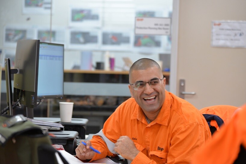 Worker laughing