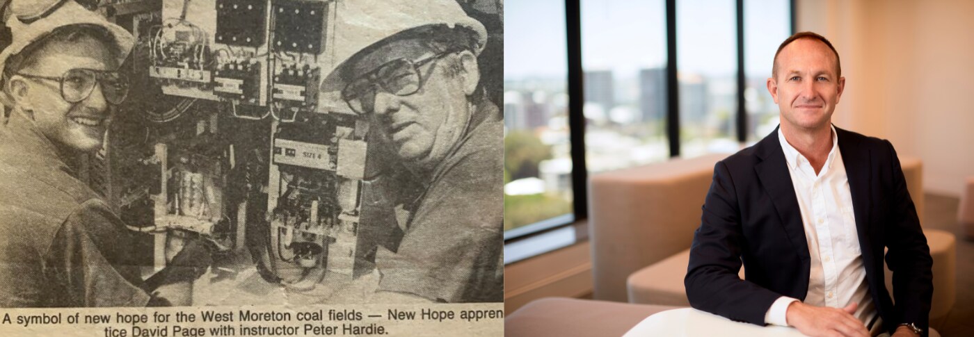 two images one in black and white with two men in hard hats one with the same man in colour 